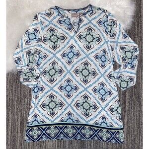 Chico’s Size 0 Small Embroidered 3/4 Sleeve Print Tunic NWOT